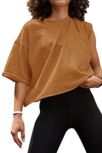 Image of HUGOOME Womens Oversized Workout Crop Top Casual Short Sleeve Boxy Roll Hem | Basic Half Split Sleeve Drop Shoulder Loose Yoga Running Gym Tee Cropped T-shirt Solid Trendy Relaxed Daily Tee