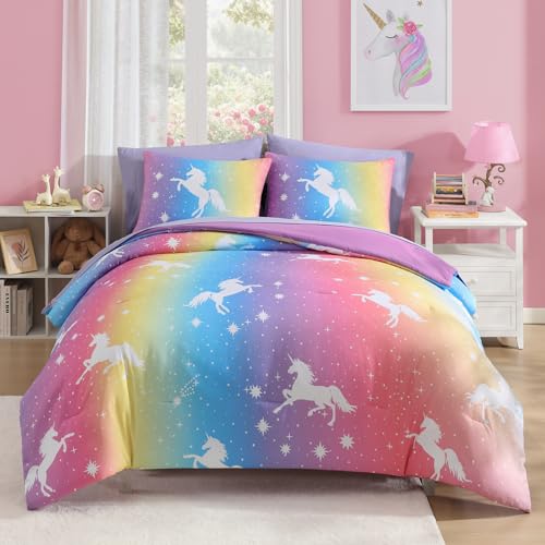 Full Size Comforter Set for Girls-7 Pieces Rainbow Unicorn Full Bedding Sets for Kids, Ultra Soft Bed in A Bag with Sheets