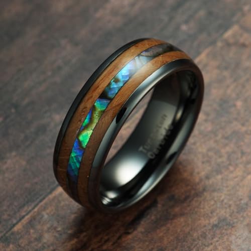 100S JEWELRY Engraved Personalized Abalone & Whiskey Barrel Wood Gunmetal Tungsten Rings For Men Wedding Promise Band Size 6-162
