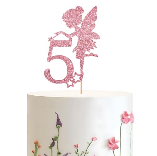 Fairy 5th Birthday Cake Topper - Rose Gold Fairy Five, Garden Themed Decoration for Girl's 5th Anniversary Party