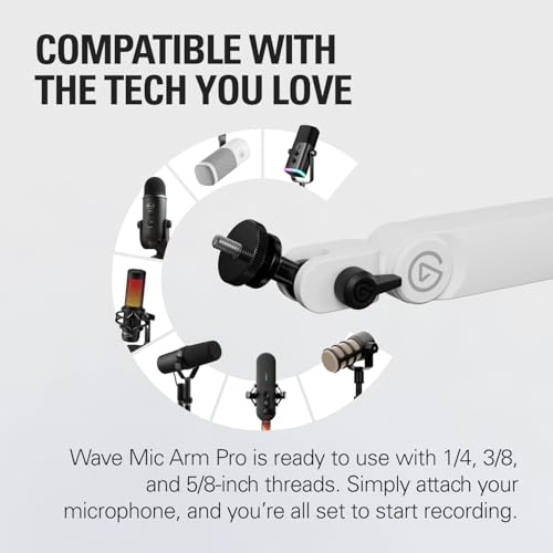 Image of Elgato Wave Mic Arm Pro White, Gas Spring Mic Arm | Supports up to 3kg, Silent gas-spring adjustment, Hidden cable channels, Padded clamp, Compatible with most mic brands