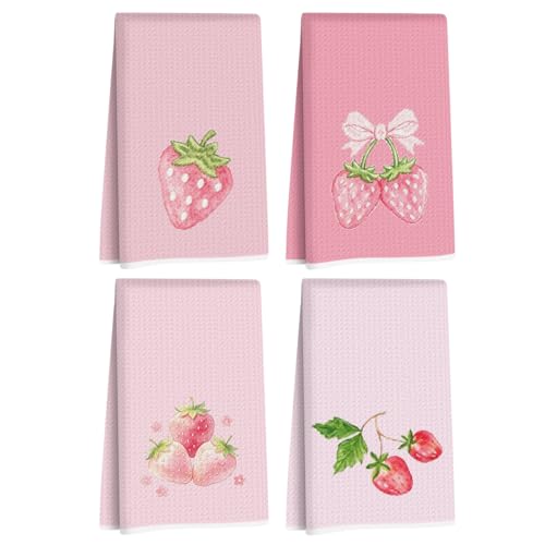 Image of 4 Pcs Strawberry Hand Towels, Pink Strawberries Reusable Dish Towels