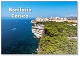 Aimant puissant à l'arrière Aimant de réfrigérateur Corse Bonifacio Falaise avec citadelle Vieille ville face à la mer Méditerranée pendant la journée ensoleillée