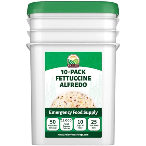 Image of Valley Food Storage Fettuccine Alfredo | 10-Bag Bucket, 50 Servings | Premium Emergency Food Supply, 25 Year Shelf Life | Survival Meal Kits, Prepper Food, Camping & Long Term Food Storage | Packaged in USA