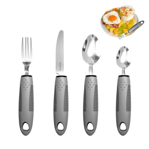 Parkinson Besteck mit Dickem Griff, Besteck fuer Parkinson Senioren Behinderte, Parkinson Hilfsmittel (4, Grau)