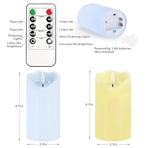 Image of Flameless Candles Light, Set of 2 6 inchx3 inch Flickering Pastel Spring LED Candles with Remote & Timer, Dimmable Real Wax Easter Pillar Candles Battery Operated for Home Spring Easter Decor (Blue Yellow)