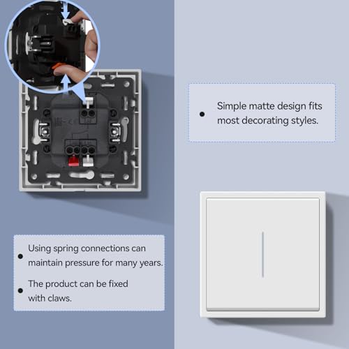 MVAVA Lichtschalter 1 Fach 2 Wege, Lichtschalter Unterputz mit Federanschlüsse, Seidig-Matte Wandschalter mit LED Kontrollleuchte, 80mm*80mm Weiß, M3-Serie