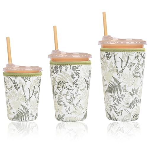 Image of Reusable Insulated Sleeve for Iced Coffee Cup, 3-Pack Coffee Neoprene Drink Sleeve for Cold & Hot Drinks, Beverage Holder for Iced Coffee (Fern Butterflies)