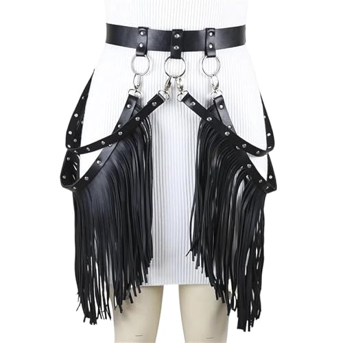 JIAHG Womens Black Tassel Waist Belt Vintage PU Leather Punk Long Fringe Belt Adjustable Gothic Body Harness Waistband for Halloween Cosplay Fancy Party Dress Costume2