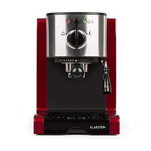 Klarstein Passionata Rossa Espresso Machine, 1350W, Stainless Steel Components, Steam Nozzle for Frothing Milk and Preparing Hot Drinks, 20 Bar, Cherry Red