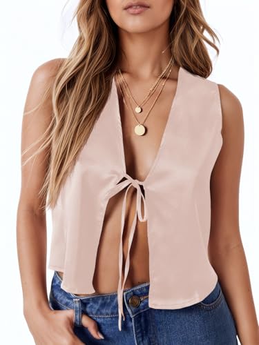 Tankaneo Womens Tie Front Tank Tops Summer V Neck Satin