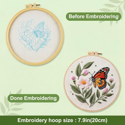 Image of PATPAT 1 Set DIY Flower Cross Stitch Embroidery Kit for Beginners, Embroidery Thread Set with Pre Printed Learning Designs Hoop Threads Punch Needle Kit and Tools, Perfect Stitching and Fabric Kit