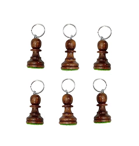 ROOGU Lot de 6 porte-clés en bois d'acacia - Véritable pièce d'échecs - Fabriqué à la main - Inde, hôtel, voiture, maison, agriculteur