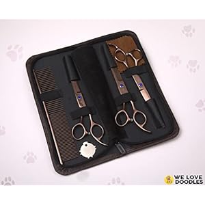 Dog Grooming Scissors Kit – Best Tools For Goldendoodles, Poodles & Doodles – Straight, Curved & Thinning Shears – Golden Doodle Grooming Kit – Professional Grade Steel, 4 Pc Set [We Love Doodles]