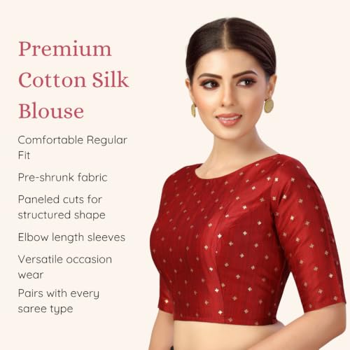 Image of Studio Shringaar Women Cotton Silk Silky Brocade Readymade Elbow Length Sleeves Saree Blouse Choli