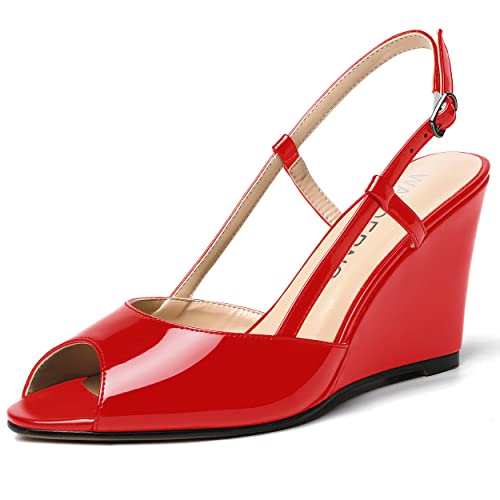 WAYDERNS Womens Patent Peep Toe Slingback Buckle Dating Adjustable Strap Casual Wedge High Heel Pumps Shoes 3.3 Inch