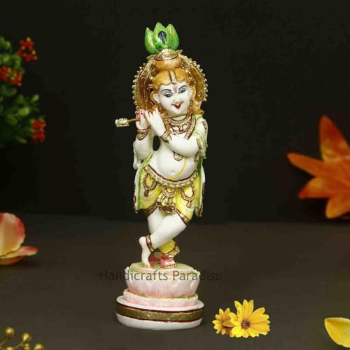 Image of Handicrafts Paradise Culture Marble Hand Painted Bal Krishna Intricately Carved Showpiece for Home Decor and Puja - 8.25 inch