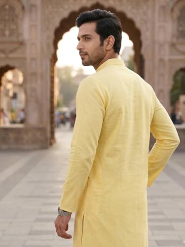 Image of Men's Traditional Ethnic Kurta Long Solid Casual Light Yellow
