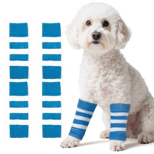 Image of ROZKITCH Pet Dog Elbow Protector Dog Elbow Sleeve, 2PCS Front Leg and 2PCS Back Leg Knee, Elbow Wrap Leg Warmer Wrap Protector, Pet Elastic Knitted Breathable Protective BlueStripe M