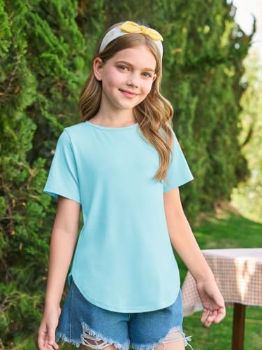 Image of Haloumoning Girls Summer Short Sleeve Shirt Kids Crewneck Curve Hem Soft Tunic Tops T-Shirts 5-14 Years