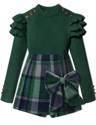 Image of Girls Clothes 2 Piece Ruffle Long Sleeve Shirt Top and Bow Plaid Skirt Set Girls Fall Winter Outfits 6-16 Years