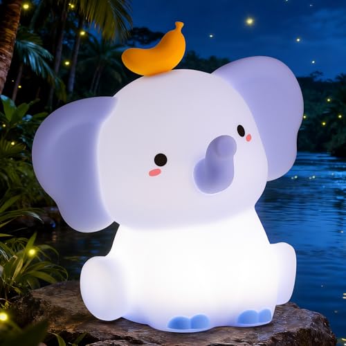 Image of Ammonite Blue Elephant Night Light, Soft Silicone Elephant Nursery Lamp with 2 Dimming Levels and 20-Minute Timer, Touch Control Nightlight for Bedroom Decor, Christmas Birthday Gift