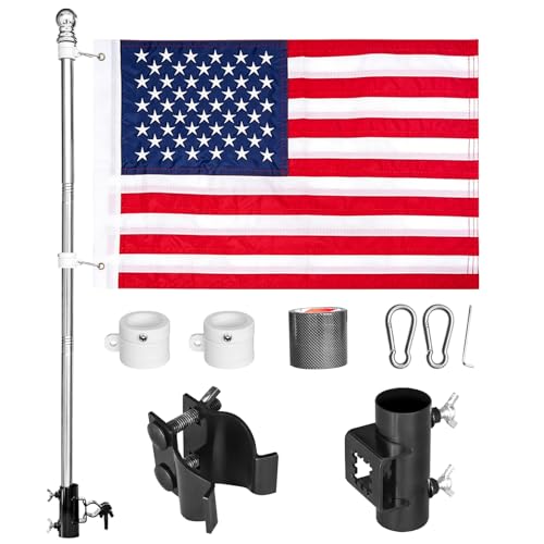 QURAS Boat Flag Pole Kit for Pontoon & Fishing Boats 24 x 36 Embroidered American Flag 48 Stainless Steel Flagpole with Rail Mount Clamp Fits Round Rails 0.81.2