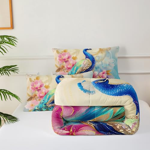 Image of Peacock Comforter Set Queen Size,Floral Peacock Bedding Comforter Set for Boys Girls,Animals Bird Flower Feather Print Blue Gold Bedding Set, Rainbow Gradient Watercolor Decor
