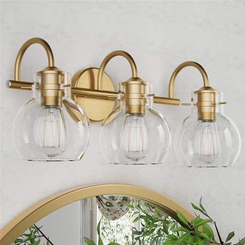 Gold Vanity Light 3 Light Bathroom Light Fixtures Modern Bathroom Vanity Lights Fixtures Over Mirror with Clear Globe Glass Shade Gold Wall Sconces for Bathroom Hallway E26 Base