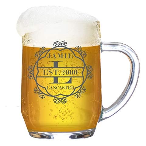 Personalised Tankard Glass Stein Engraved 1 Pint Beer Tanker Men Handle Wreath Inital Vintage Round Gift Box 590 ml Cover