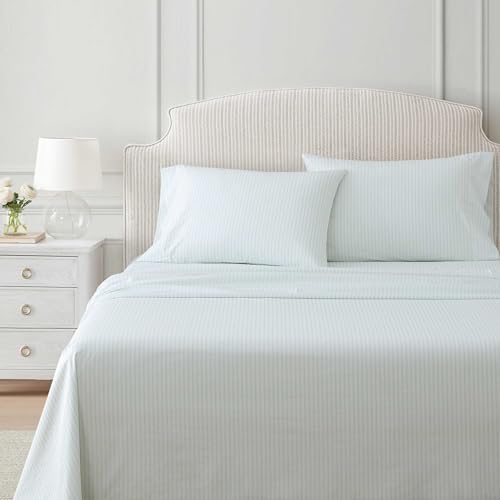 Image of Martha Stewart - Twin Size Sheets Set, Crisp & Tailored Cooling Sheets with a Smooth Cotton Percale Lightweight Feel - Bed Sheets with Matching Pillowcase & Fitted Sheet (Ticking Stripe Green)