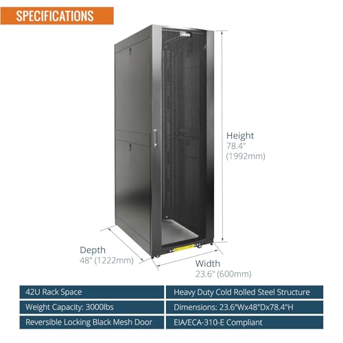 Image of Tecmojo 42U Server Rack Cabinet - PRE-Assembled 24inch Width 48inch Depth IT Network Equipment Cabinet Rack Enclosure with Casters - 3000lbs Weight Capacity(06Black)