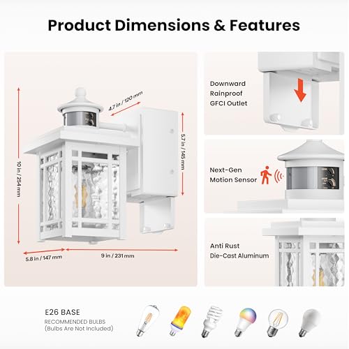 Image of Gleamz Porch Light with Outlet, White Anti-rust Motion Sensor Outdoor Porch Lights, Waterproof Dusk to Dawn Outside Garage Lights for House, Modern Outdoor Wall Light with Outlet for Patio Garage Door