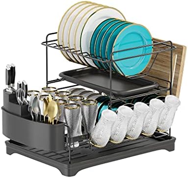 manatees-Dish Drainer Rack,2 Tier Dish Drying Rack with Drip Tray,Sink Drainer, Removable Plate Rack, Black Draining Rack,kitchen drainer with Cutlery Holder