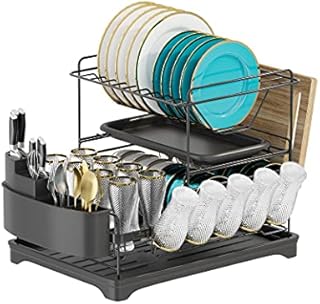manatees-Dish Drainer Rack,2 Tier Dish Drying Rack with Drip Tray,Sink Drainer, Removable Plate Rack, Black Draining Rack,kitchen drainer with Cutlery Holder