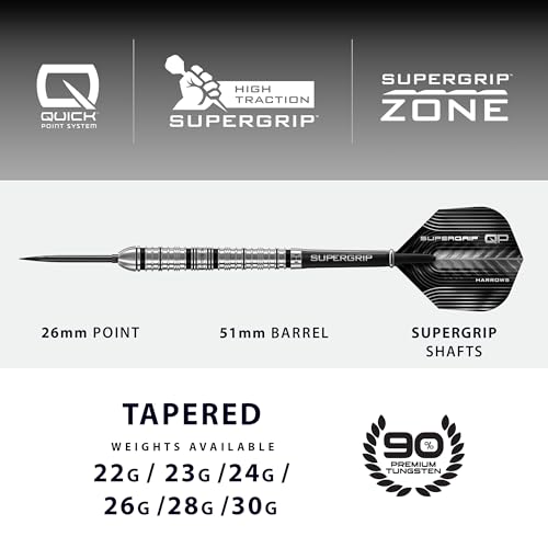 Harrows SuperGrip QP stożkowe rzutek 90% wolframu, zestaw rzutek ze stalową końcówką z systemem szybkiej wymiany punktów, 22 g, 23 g, 24 g, 26 g, 28 g i 30 g, zawiera trzonki Supergrip i loty 100