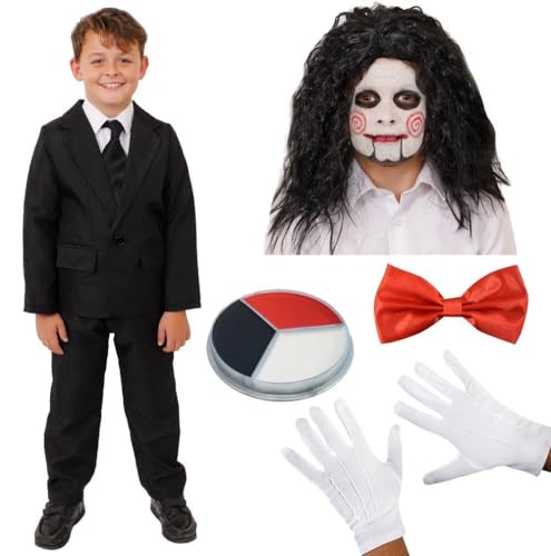 Kids Creepy Puppet Costume - X-Large - Black Suit Black Wig Red Bowtie White Gloves Red White Grey & Black Facepaint - Childs Halloween Fancy Dress Costume