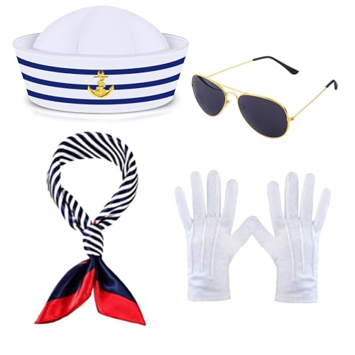 Conjunto disfraz de capitán marinero,Gorro marinero,Disfraz marinera mujer y hombre para navy dress up party accesorios(4 Piezas)
