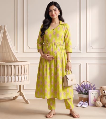Image of DUMMY SHAPE Maternity Dresses for Women Cotton | Floral Kurta Pant Dupatta Set with Nursing Zippers, Side Pocket | Pre & Post Pregnancy | Feeding Kurti Suit | Baby Shower | Gifts for Pregnant Woman
