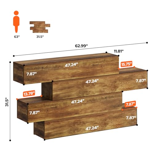 Image of knoworld 63 Inch Farmhouse Console Table with 4 Tier Storage, Rustic Wooden Sofa Table Behind Couch, Unique Staggered Entryway Table for Living Room, Long Hallway Foyer Table, Walnut