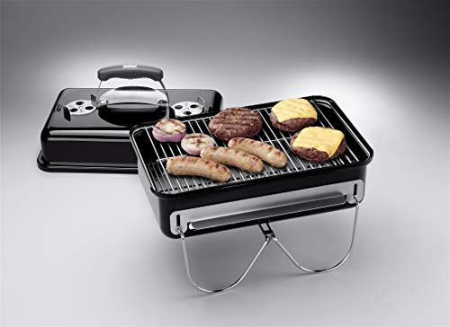 Weber Go-Anywhere Holzkohlegrill/Tragbarer Grill mit klappbaren Beinen, Kompaktes Design für Camping und Picknicks, Robuste Emaille, Präzise Temperaturregelung, 42 x 26 cm Grillfläche, Schwarz