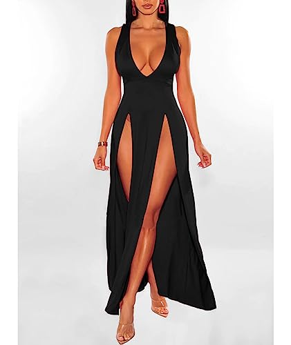 xxxiticat Women's Double Slit Maxi Tank Dress Sleeveless Deep V-Neck Low Cut High Split Cover Up Long Bodycon Wrap Dress3