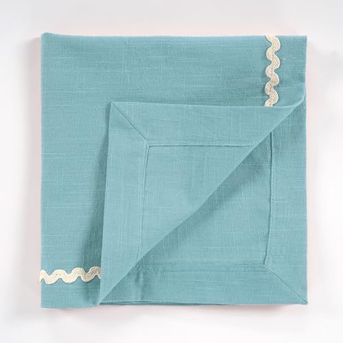 Image of FINGERCRAFT Cloth Napkins Set of 6, 18x18 Inch, 100% Cotton Table Napkins with RIC Rac Scallop Lace Trim, Reusable Washable Dinner Napkins for Wedding, Party, Dining & Home Decor (Powder Blue)
