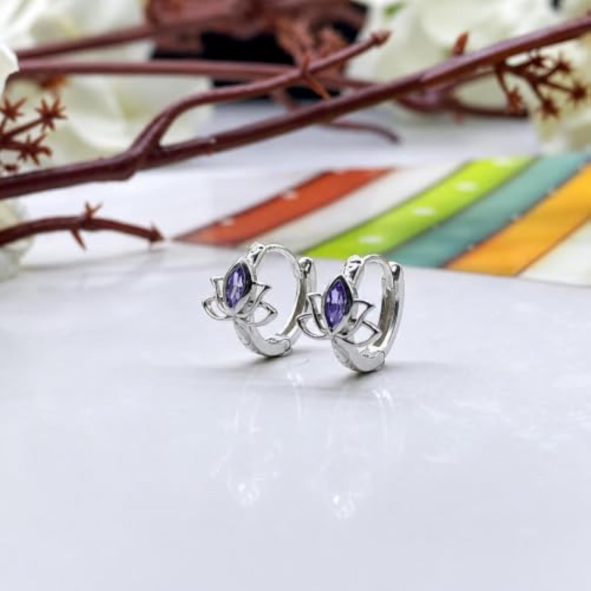 Women's 925 Sterling Silver Lotus Purple CZ Hoop Earrings