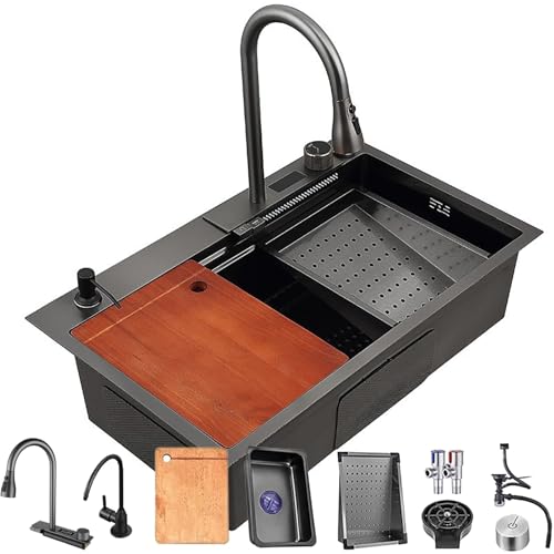 85x50cm Fregadero De Cocina Para El Hogar En Acero Inoxidable, Estilo Nano Cascada, Estación De Trabajo De Un Solo Fregadero Con Grifo Extraíble Y Lavavasos Integrado