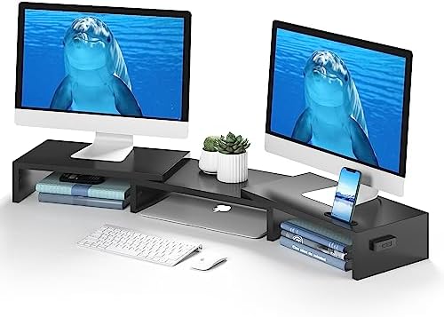 BONTEC Dual Monitor Stand Riser with Smartphone Holder, Adjustable Length & Swivel Angle, Ergonomic Wooden Desktop Organizer for PC Monitor, Laptop, Printer, Large Storage, Black