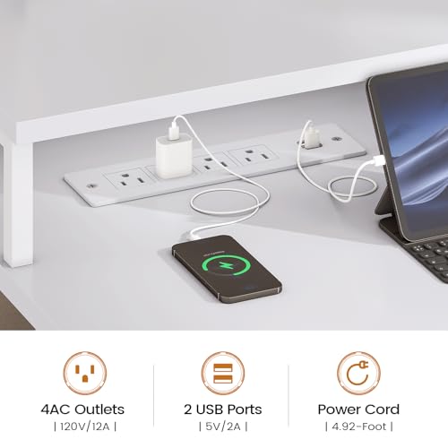 Image of SEDETA White Computer Desk with 5 Drawer & Power Outlet, 75'' Home Office Desk with File Drawer, Storage Shelves, Printer Cabinet and Monitor Shelf, Gaming Desk with Led Lights, 23.6 inch W Desktop