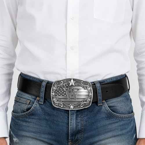 Image of Western Belt Buckle for Men Vintage Cowboy Rodeo Texas Initial Letter ABCDJMR to Z Belt Buckles
