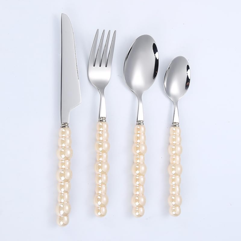 Silverware Flatware Set, 4/16/24/32/40/48 Pieces Ceramic Pearl Knives, Forks And Spoons 304 Stainless Steel Tableware Set Home Dining Spoon Steak Knife(Beige,4Set-16Pcs)