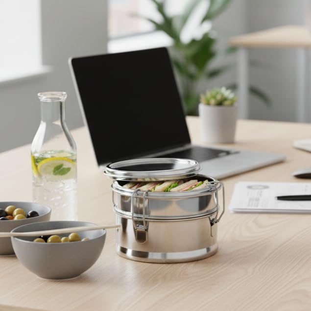 Image of JVL Stainless Steel 2 Tier Lunch Box (Round, Small)
